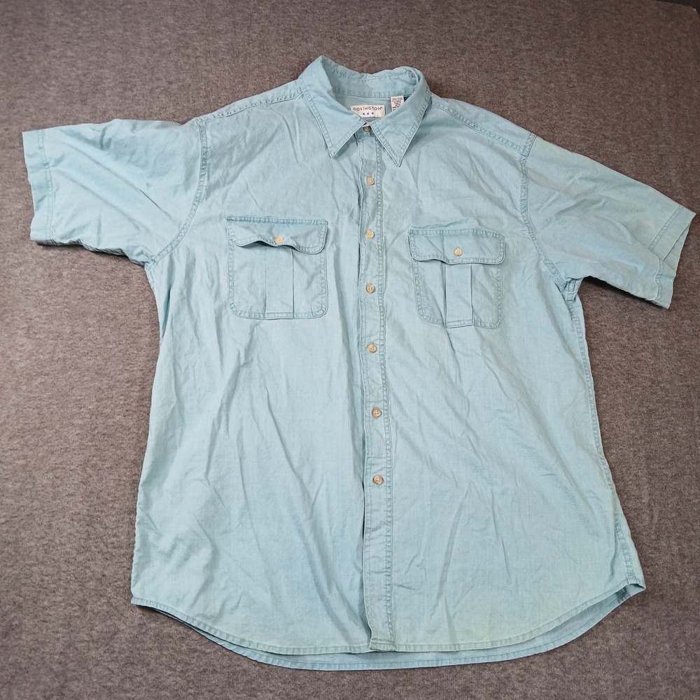 Covington Mens XL Blue Short Sleeve Button Down Shirt 100% Cotton Utility Pocket